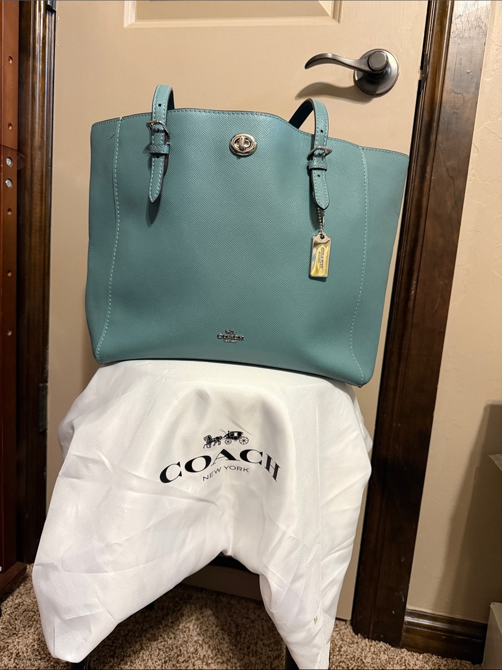 Coach Teal Leather Turnlock Tote with Charm